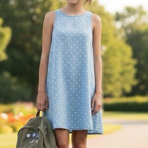Denim-inspired Polka Dot Sleeveless Dress with Pockets - Size M